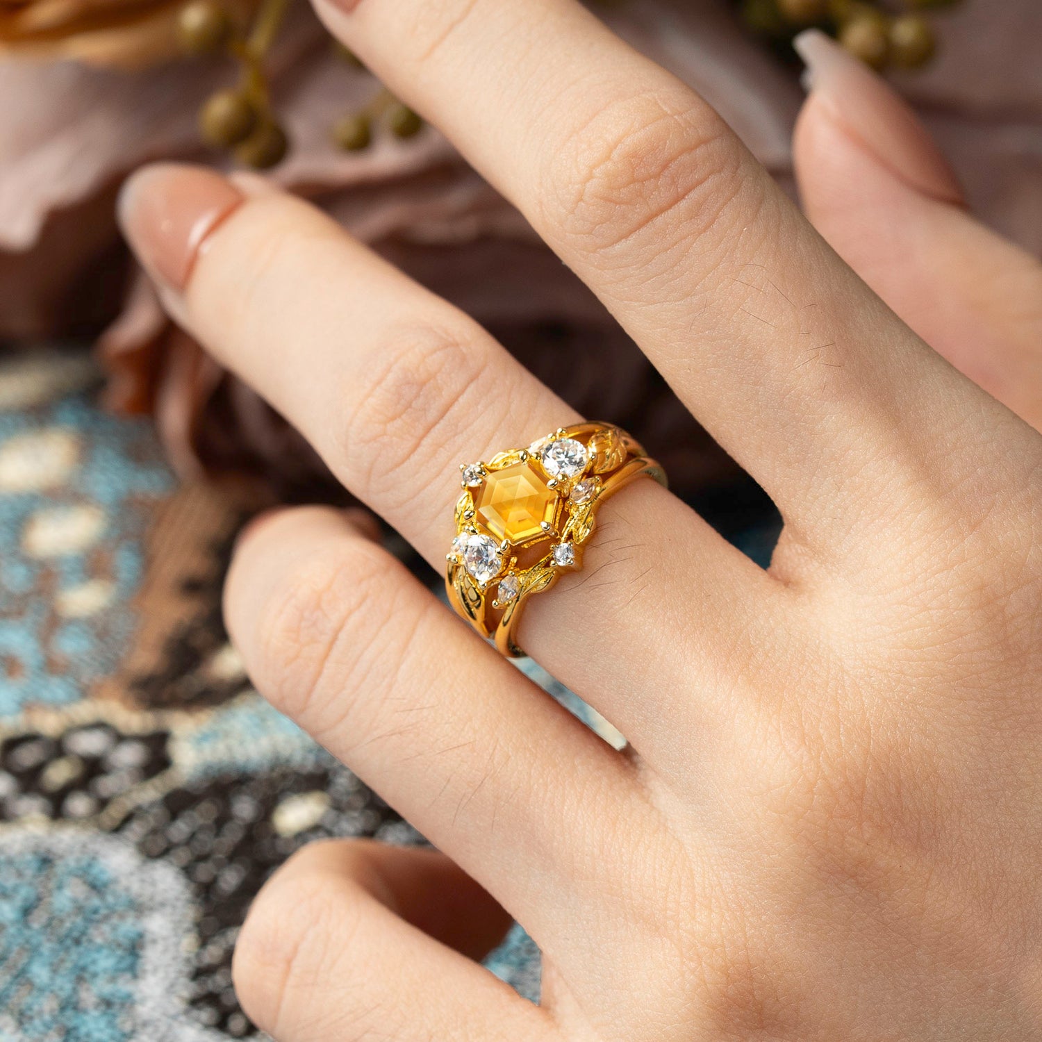 Natural Inspiration Luxury Botanical Hexagon Cut Citrine Bridal Ring Set