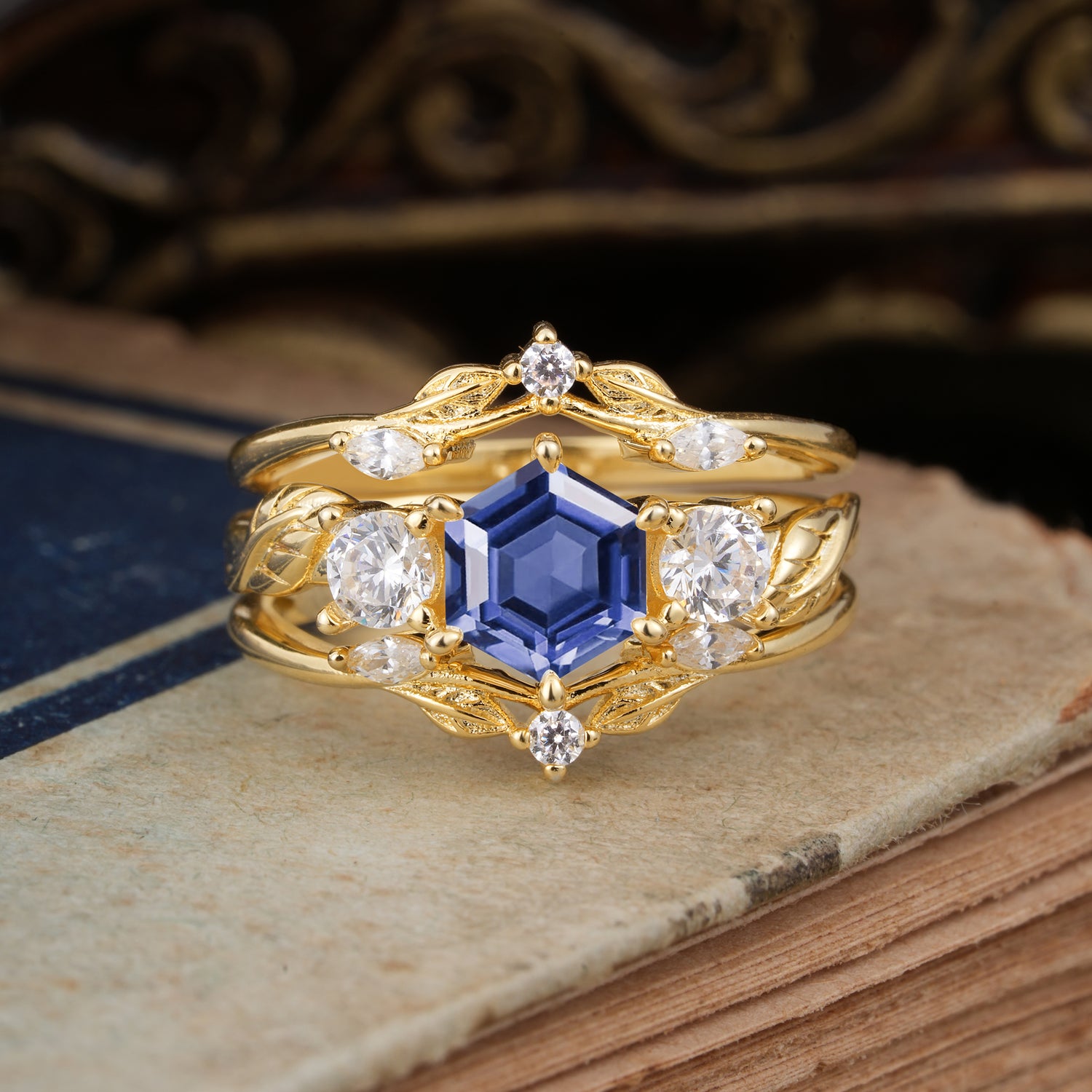 Natural Inspiration Luxury Botanical Hexagon Cut Tanzanite Bridal Ring Set