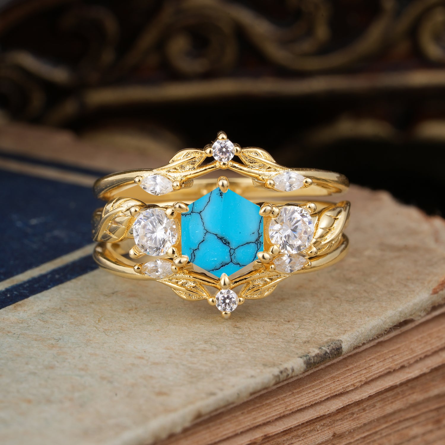 Natural Inspiration Luxury Botanical Hexagon Cut Turquoise Bridal Ring Set