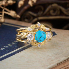 Natural Inspiration Luxury Botanical Hexagon Cut Turquoise Engagement Ring Suite