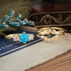 Natural Inspiration Luxury Botanical Hexagon Cut Turquoise Engagement Ring Suite