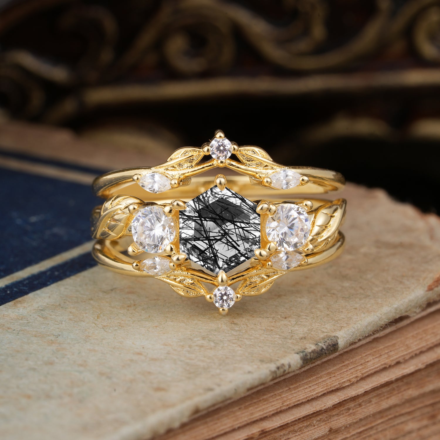 Natural Inspiration Luxury Botanical Hexagon Cut Black Rutilated Quartz Bridal Ring Set
