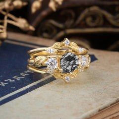 Natural Inspiration Luxury Botanical Hexagon Cut Black Rutilated Quartz Engagement Ring Suite