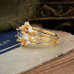 Natural Inspiration Luxury Botanical Hexagon Cut Black Rutilated Quartz Engagement Ring Suite