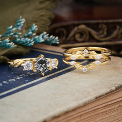 Natural Inspiration Luxury Botanical Hexagon Cut Black Rutilated Quartz Engagement Ring Suite