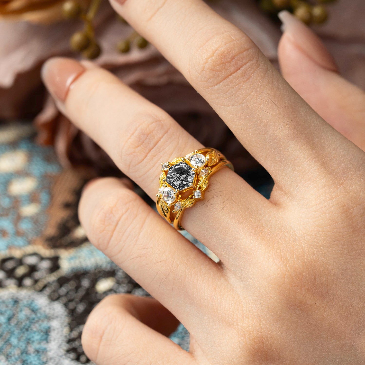 Natural Inspiration Luxury Botanical Hexagon Cut Black Rutilated Quartz Bridal Ring Set