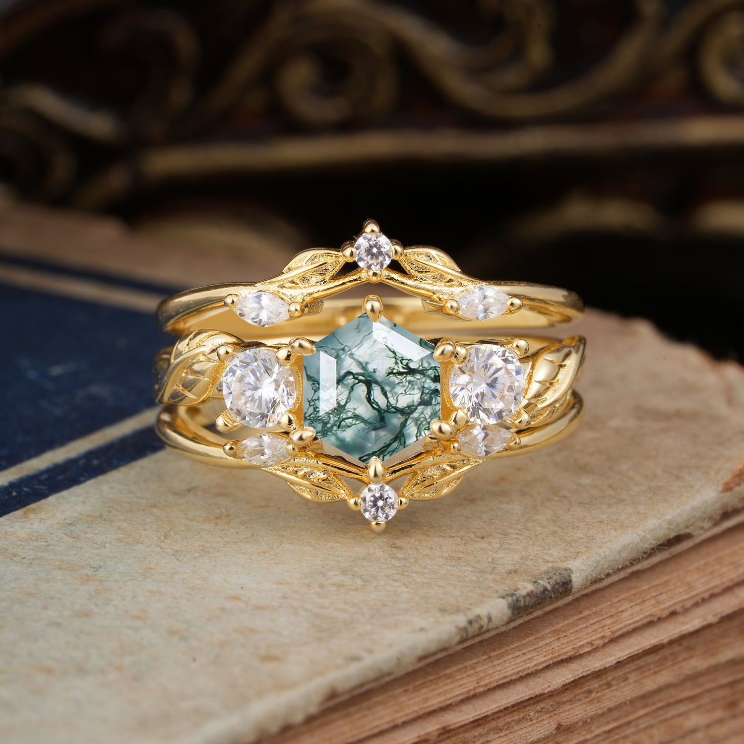 Natural Inspiration Luxury Botanical Hexagon Cut Moss Agate Bridal Ring Set