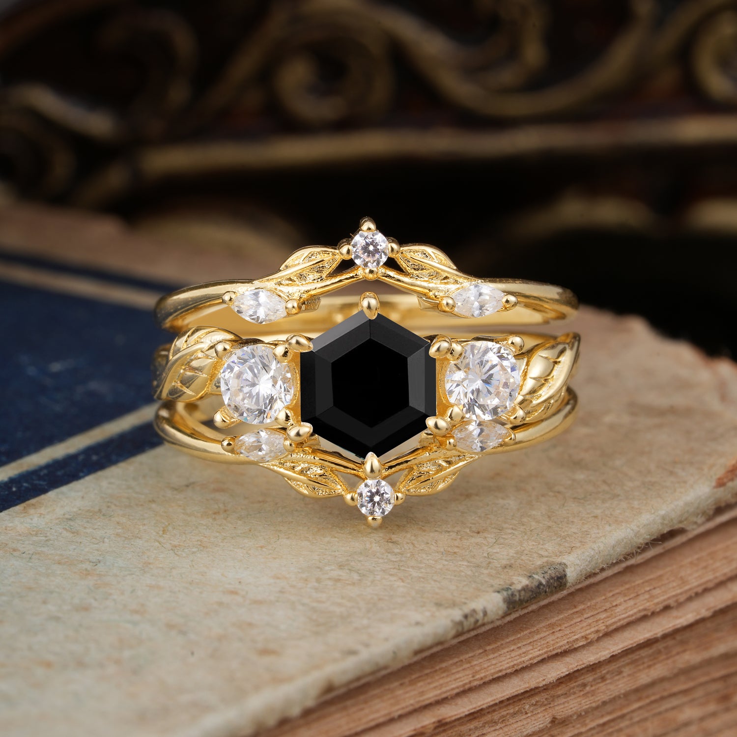 Natural Inspiration Luxury Botanical Hexagon Cut Black Onyx Bridal Ring Set