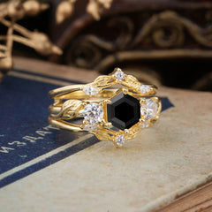 Natural Inspiration Luxury Botanical Hexagon Cut Black Onyx Engagement Ring Suite