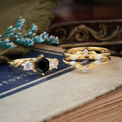 Natural Inspiration Luxury Botanical Hexagon Cut Black Onyx Engagement Ring Suite