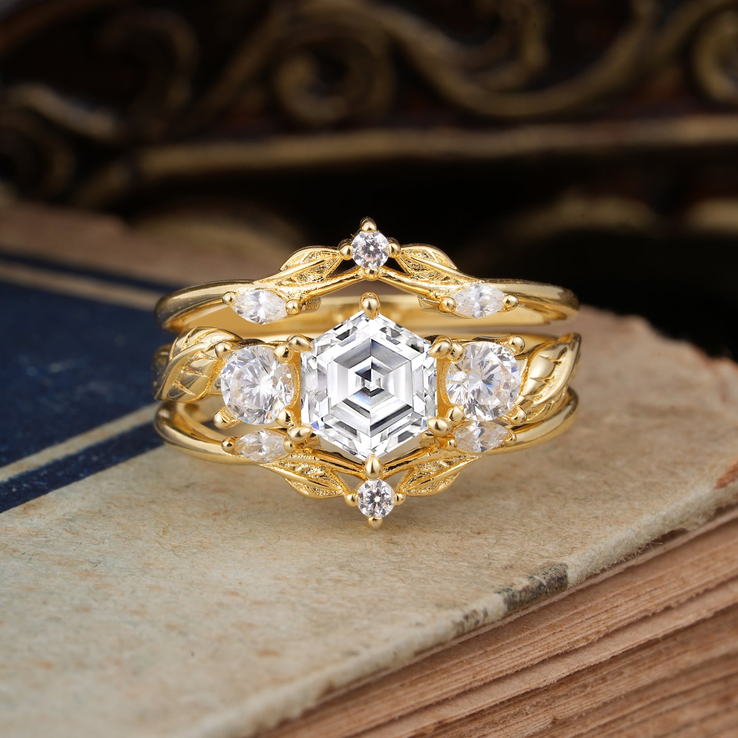 Natural Inspiration Luxury Botanical Hexagon Cut Lab Diamond Bridal Ring Set