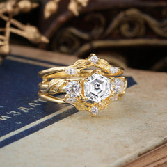 Natural Inspiration Luxury Botanical Hexagon Cut Lab Diamond Engagement Ring Suite