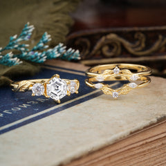 Natural Inspiration Luxury Botanical Hexagon Cut Lab Diamond Engagement Ring Suite