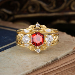 Natural Inspiration Luxury Botanical Hexagon Cut Garnet Engagement Ring Suite