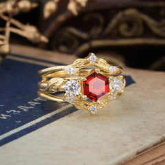 Natural Inspiration Luxury Botanical Hexagon Cut Garnet Engagement Ring Suite