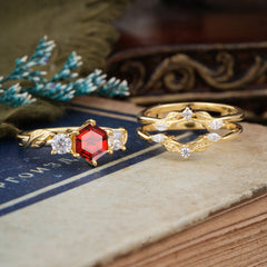 Natural Inspiration Luxury Botanical Hexagon Cut Garnet Engagement Ring Suite