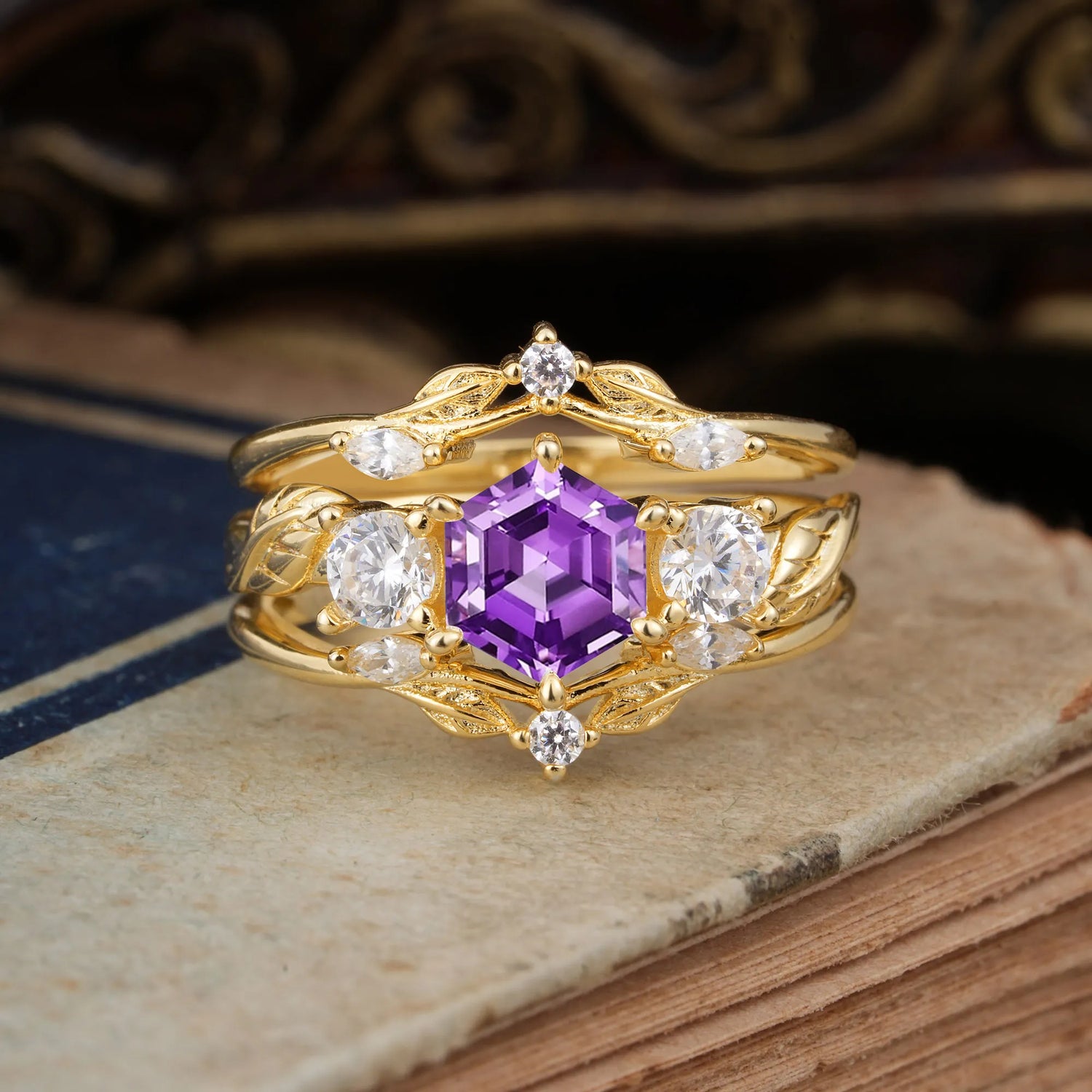 Natural Inspiration Luxury Botanical Hexagon Cut Amethyst Bridal Ring Set
