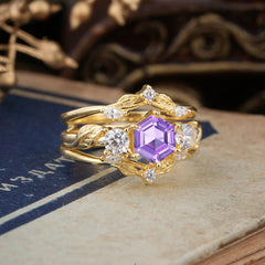 Natural Inspiration Luxury Botanical Hexagon Cut Amethyst Engagement Ring Suite