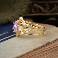 Natural Inspiration Luxury Botanical Hexagon Cut Amethyst Engagement Ring Suite