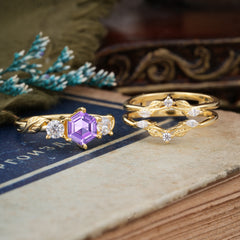 Natural Inspiration Luxury Botanical Hexagon Cut Amethyst Engagement Ring Suite
