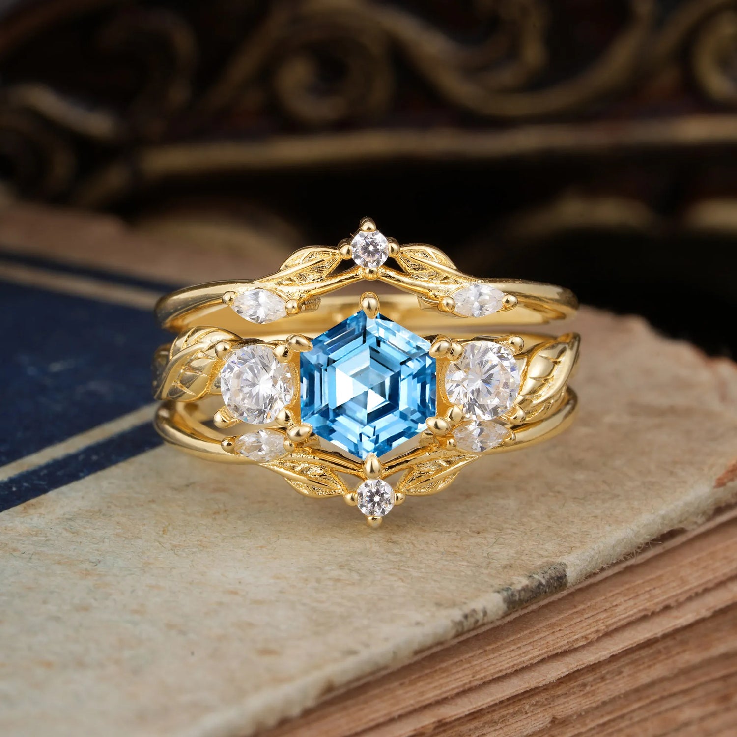 Natural Inspiration Luxury Botanical Hexagon Cut Aquamarine Bridal Ring Set