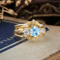 Natural Inspiration Luxury Botanical Hexagon Cut Aquamarine Engagement Ring Suite