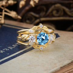 Natural Inspiration Luxury Botanical Hexagon Cut Aquamarine Engagement Ring Suite