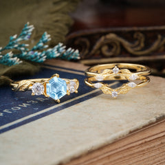 Natural Inspiration Luxury Botanical Hexagon Cut Aquamarine Engagement Ring Suite