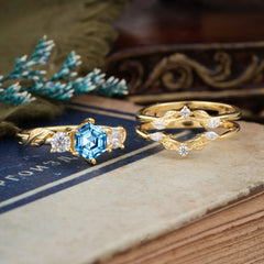 Natural Inspiration Luxury Botanical Hexagon Cut Aquamarine Engagement Ring Suite