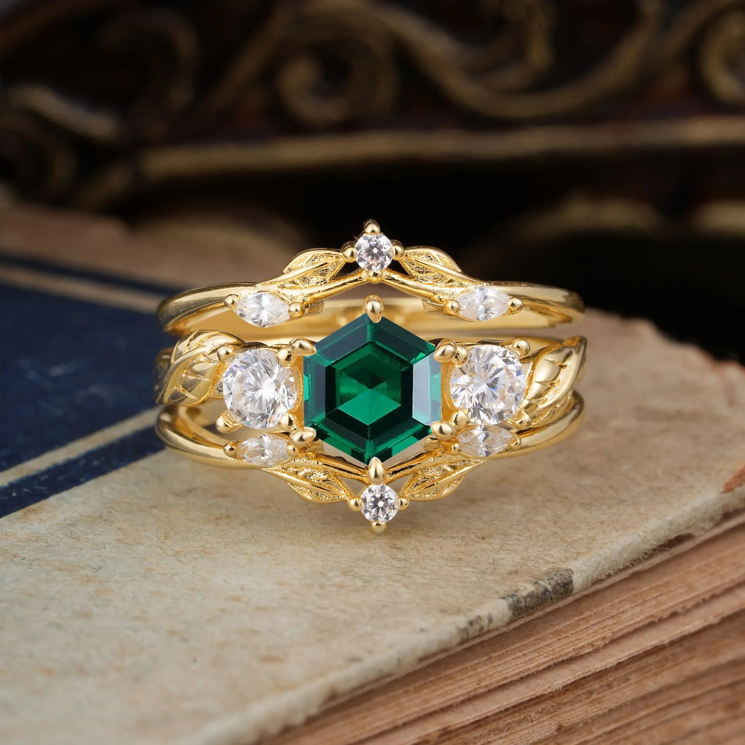 Natural Inspiration Luxury Botanical Hexagon Cut Emerald Engagement Ring Suite