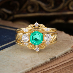 Natural Inspiration Luxury Botanical Hexagon Cut Emerald Engagement Ring Suite