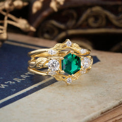 Natural Inspiration Luxury Botanical Hexagon Cut Emerald Engagement Ring Suite