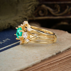 Natural Inspiration Luxury Botanical Hexagon Cut Emerald Engagement Ring Suite