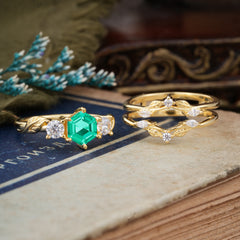 Natural Inspiration Luxury Botanical Hexagon Cut Emerald Engagement Ring Suite