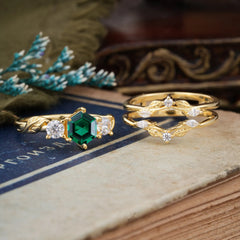 Natural Inspiration Luxury Botanical Hexagon Cut Emerald Engagement Ring Suite