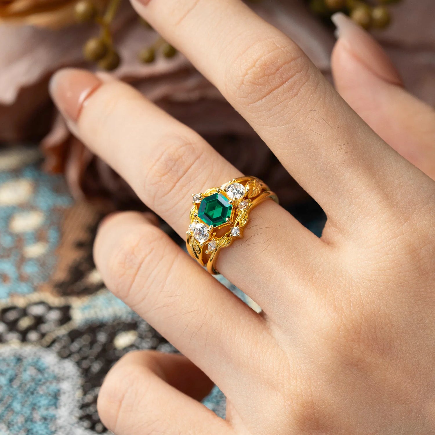 Natural Inspiration Luxury Botanical Hexagon Cut Emerald Engagement Ring Suite