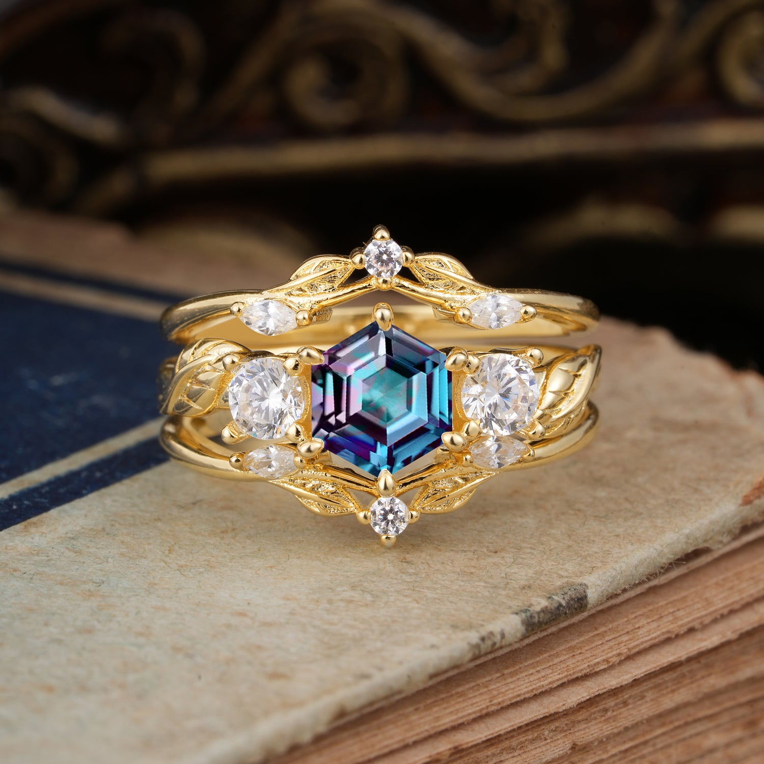 Natural Inspiration Luxury Botanical Hexagon Cut Alexandrite Bridal Ring Set