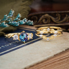 Natural Inspiration Luxury Botanical Hexagon Cut Alexandrite Engagement Ring Suite