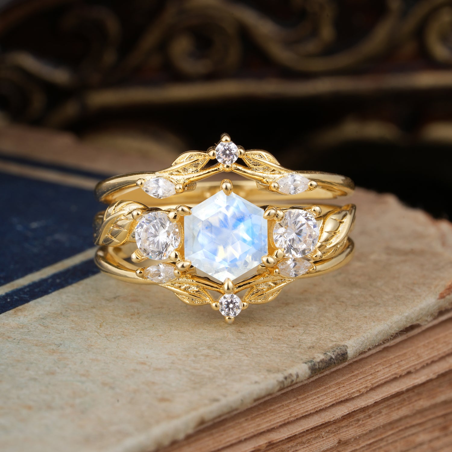 Natural Inspiration Luxury Botanical Hexagon Cut Moonstone Bridal Ring Set
