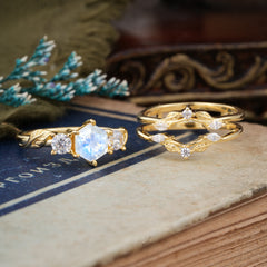 Natural Inspiration Luxury Botanical Hexagon Cut Moonstone Engagement Ring Suite