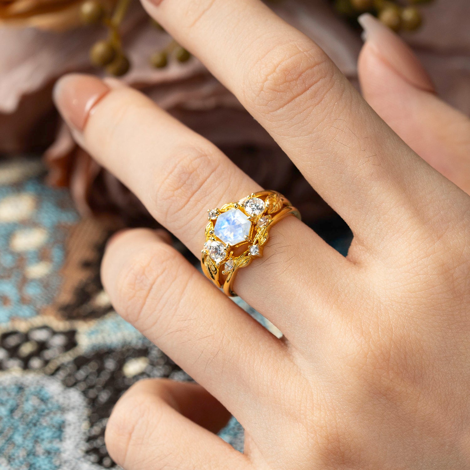 Natural Inspiration Luxury Botanical Hexagon Cut Moonstone Bridal Ring Set