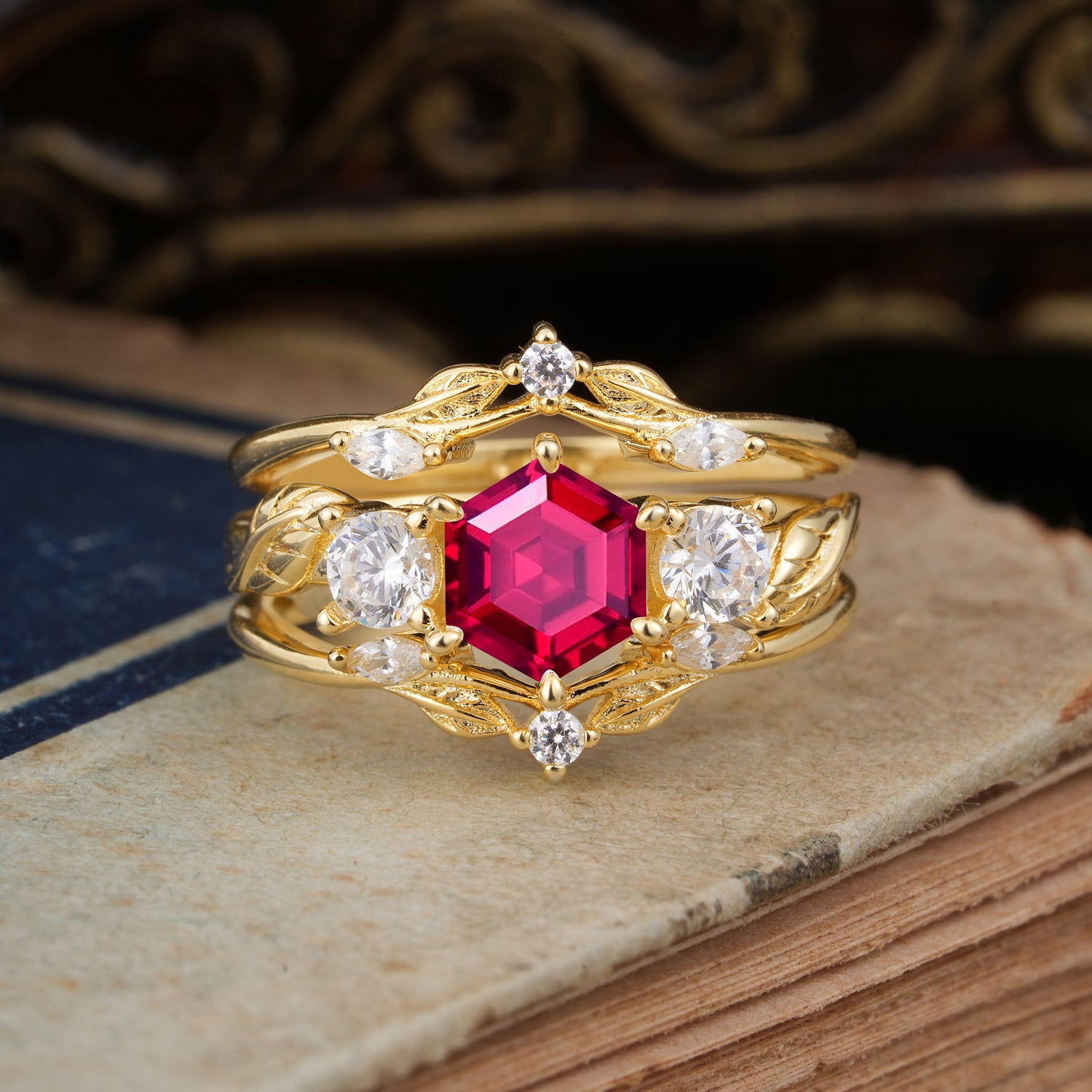Natural Inspiration Luxury Botanical Hexagon Cut Ruby Bridal Ring Set