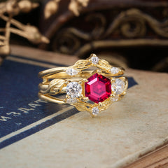 Natural Inspiration Luxury Botanical Hexagon Cut Ruby Engagement Ring Suite
