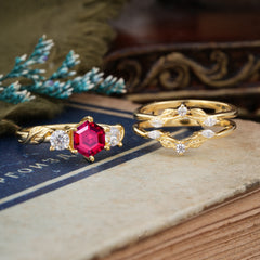 Natural Inspiration Luxury Botanical Hexagon Cut Ruby Engagement Ring Suite