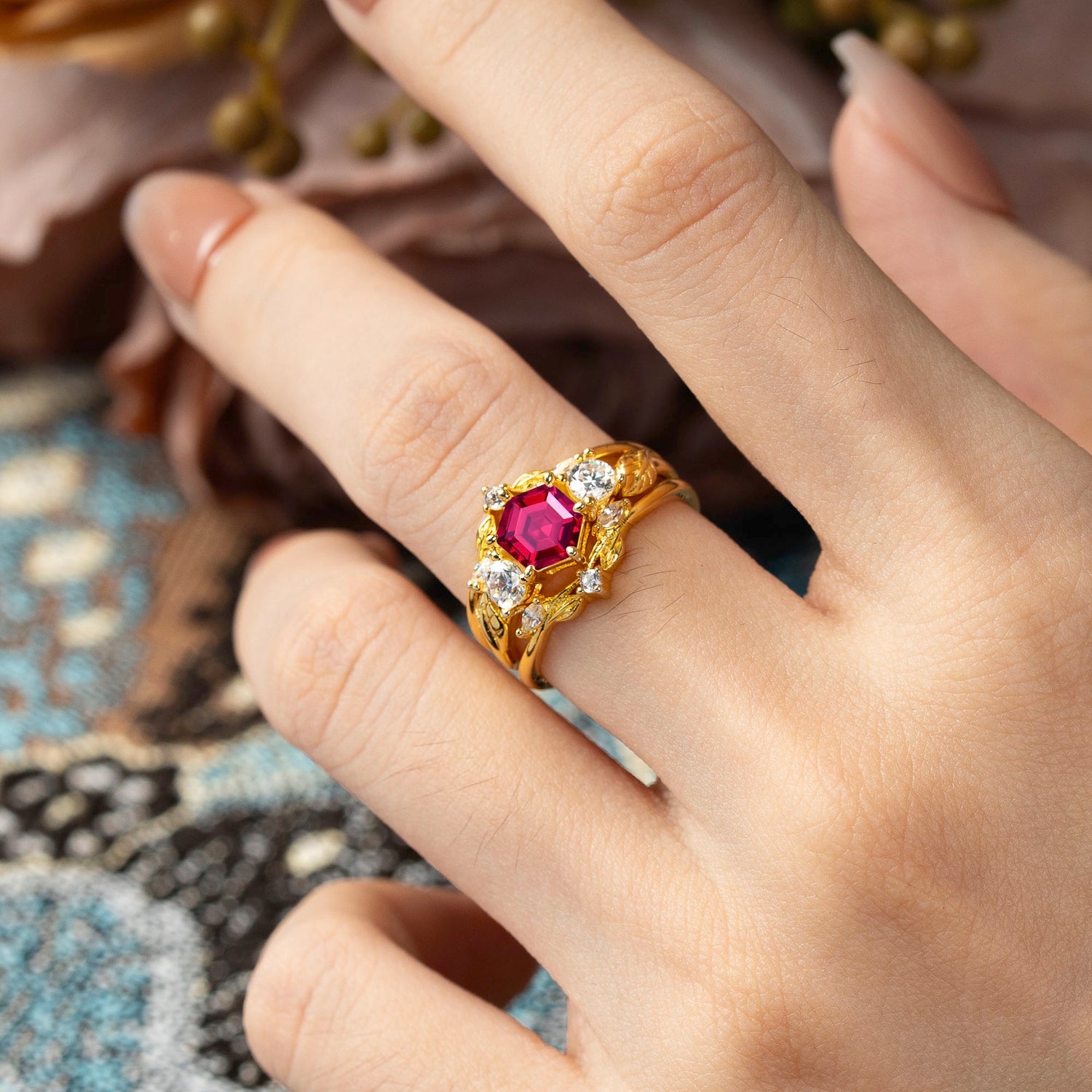 Natural Inspiration Luxury Botanical Hexagon Cut Ruby Bridal Ring Set