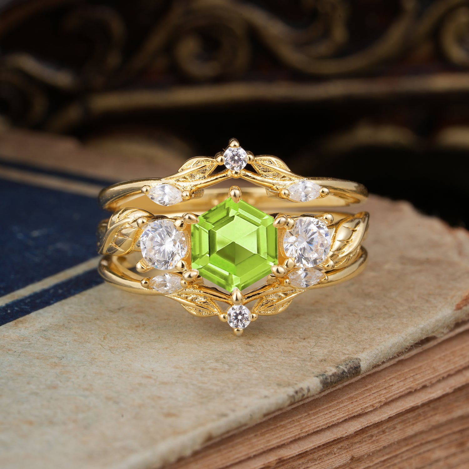 Natural Inspiration Luxury Botanical Hexagon Cut Peridot Bridal Ring Set