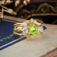 Natural Inspiration Luxury Botanical Hexagon Cut Peridot Engagement Ring Suite