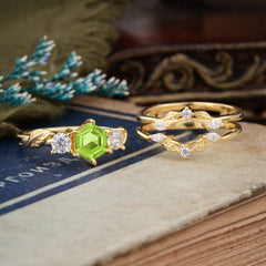 Natural Inspiration Luxury Botanical Hexagon Cut Peridot Engagement Ring Suite