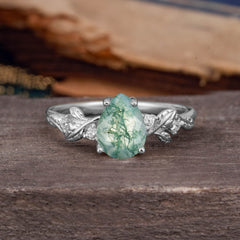 Pear Shaped Natural Women's Moss Agate Engagement Ring