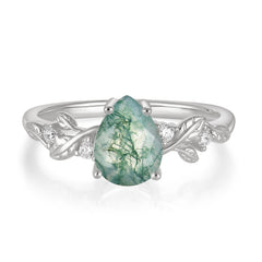 Pear Shaped Natural Women's Moss Agate Engagement Ring